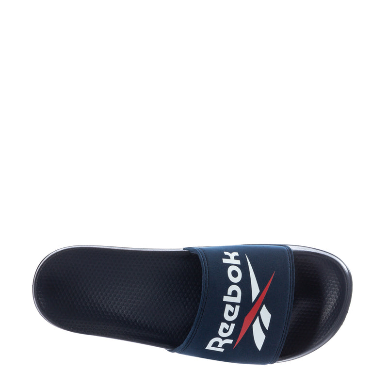 Men's navy slide sandals with contoured footbed and Reebok logo on strap
