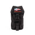 GORUCK black water bottle pouch with buckle and American flag patch on white background