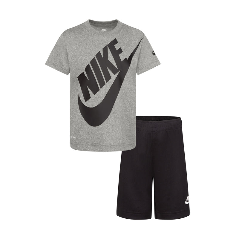 Kids Nike short set with heather gray T-shirt and black shorts