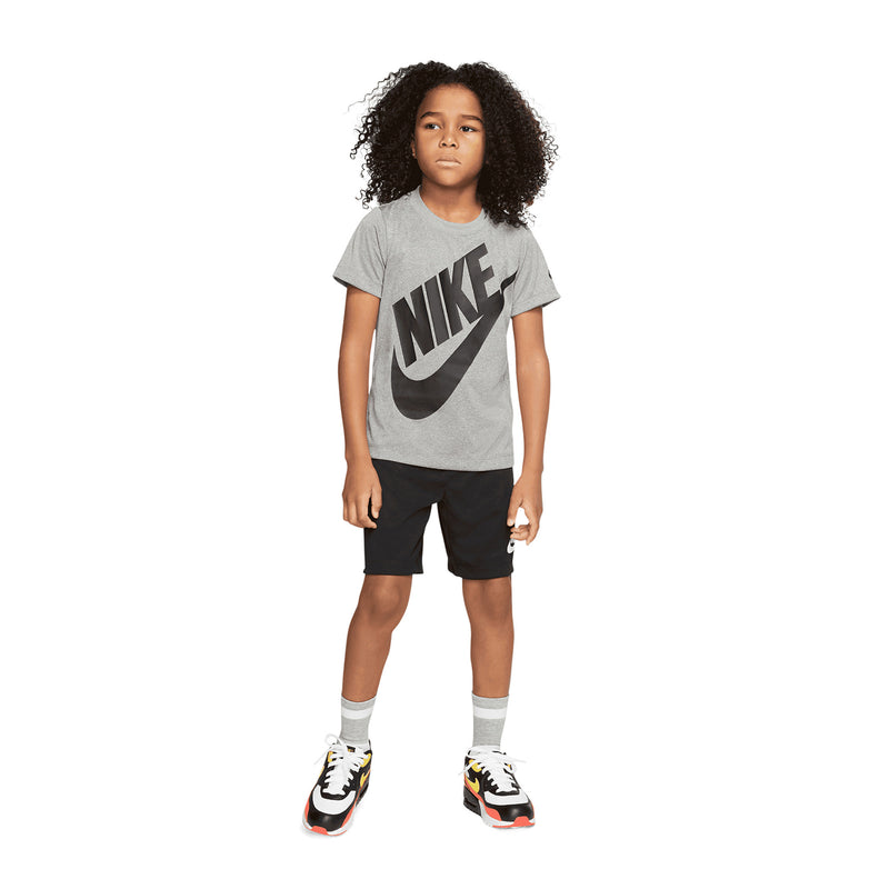 Kids Nike short set on model: heather gray T-shirt and black shorts