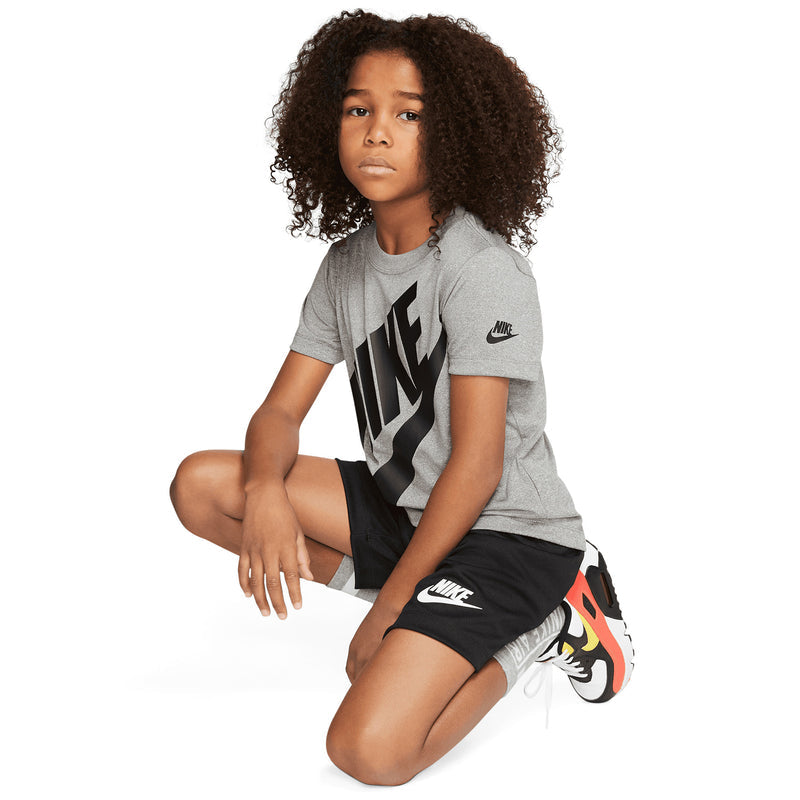 Kids Nike short set: heather gray tee with large Nike logo, black shorts
