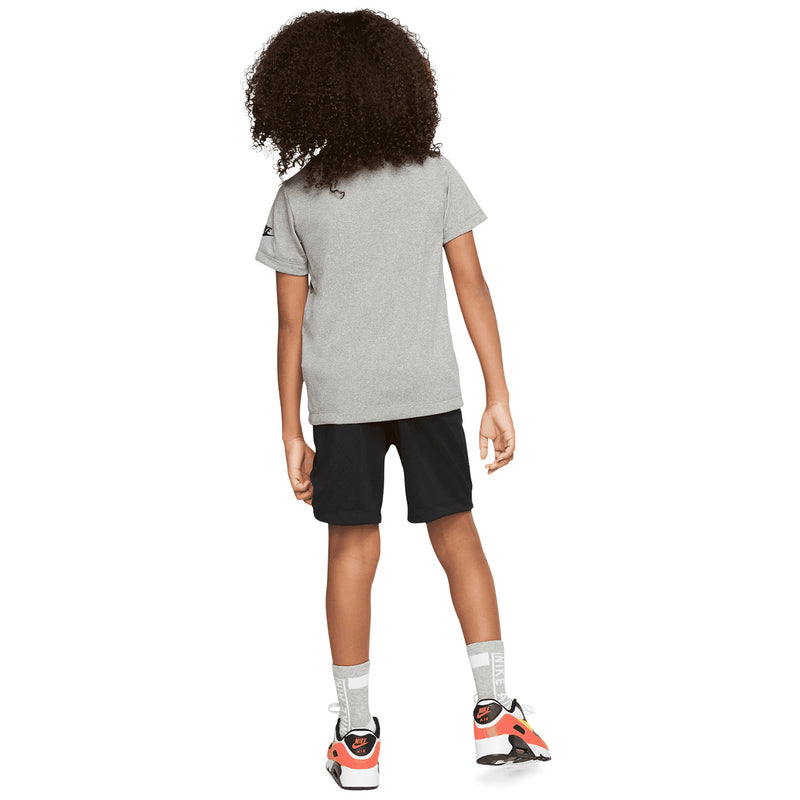Kids Nike short set back view: heather gray tee and black shorts