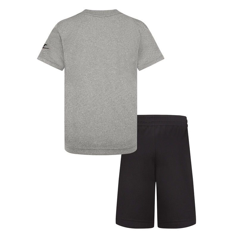 Kids Nike short set flat lay: heather gray back T-shirt and black shorts