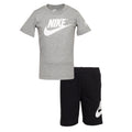 Toddler short set with gray Nike logo T-shirt and black Nike swoosh shorts