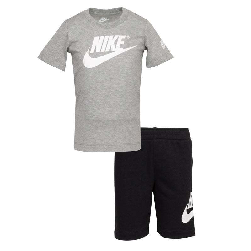 Toddler short set with gray Nike logo T-shirt and black Nike swoosh shorts