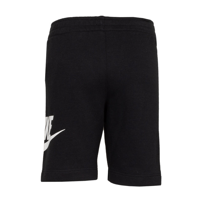 Toddler black shorts with white Nike swoosh graphic