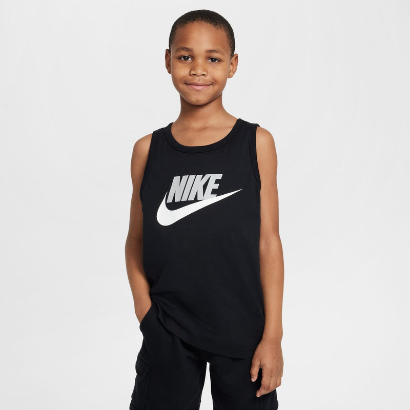 Youth black sleeveless tank top with Nike swoosh, crew neck