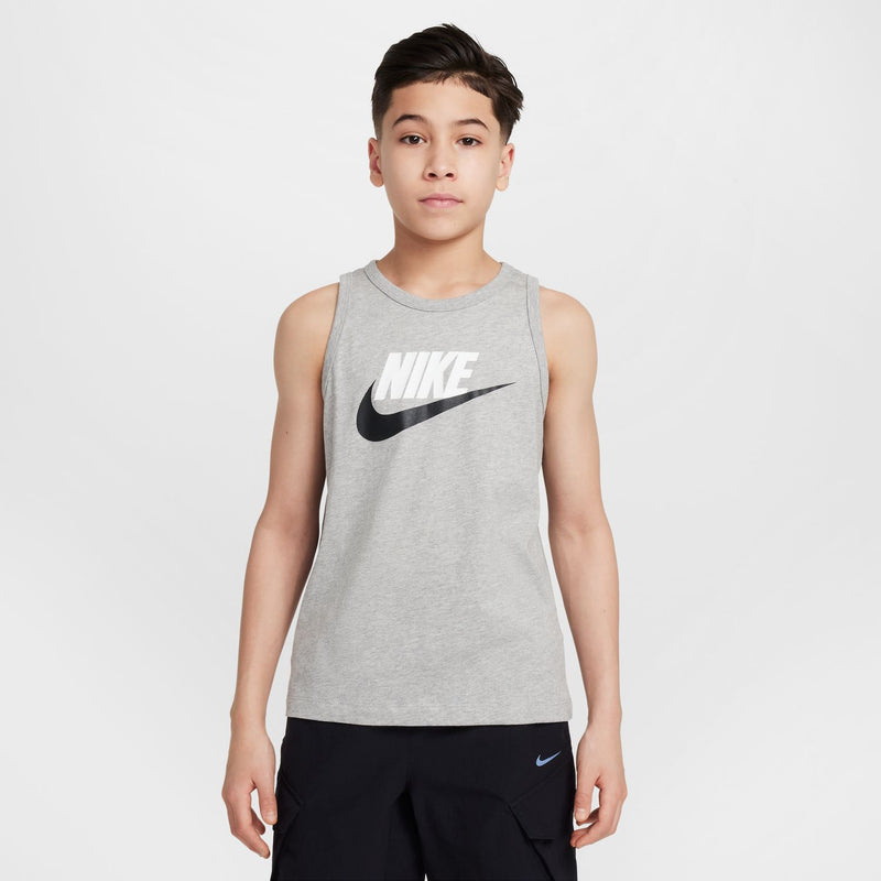 Youth Nike tank top, dark grey heather, crew neck and front swoosh graphic
