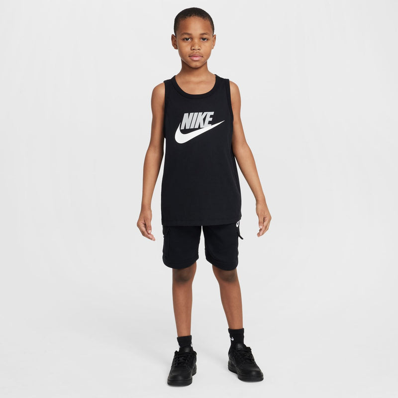 Youth black tank top with Nike logo, worn with matching shorts