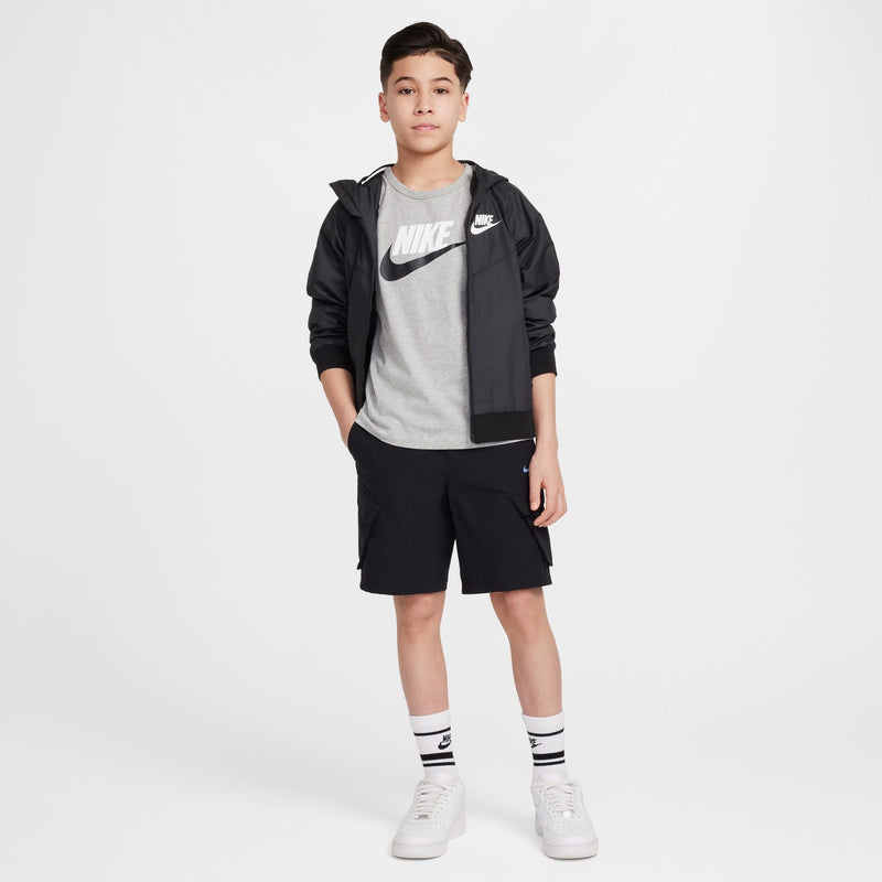 Youth Nike tank top, dark grey heather, sleeveless front swoosh logo