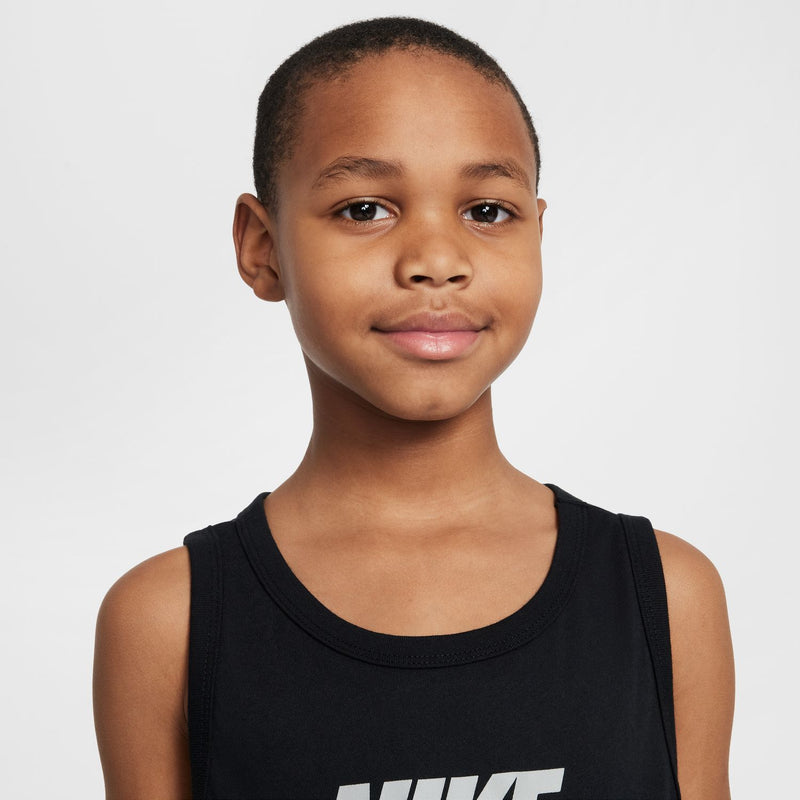 Youth black tank top close-up with crew neck and Nike swoosh