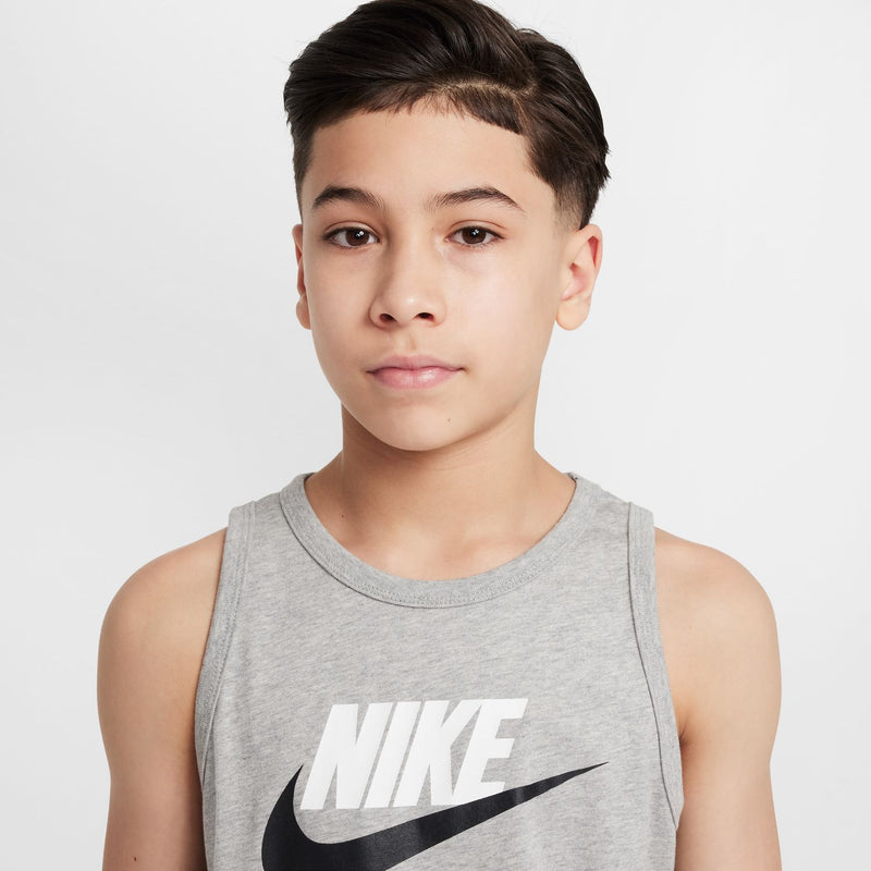 Youth Nike tank top, dark grey heather, close-up front swoosh and crew neckline