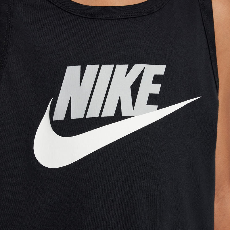 Youth black tank top featuring large Nike swoosh print