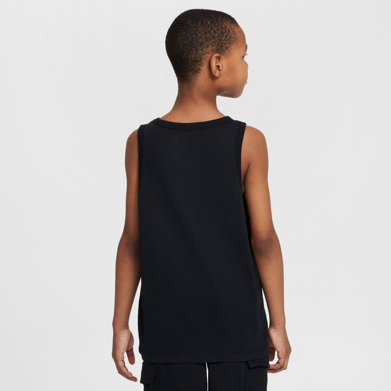 Youth black tank top back view, sleeveless design