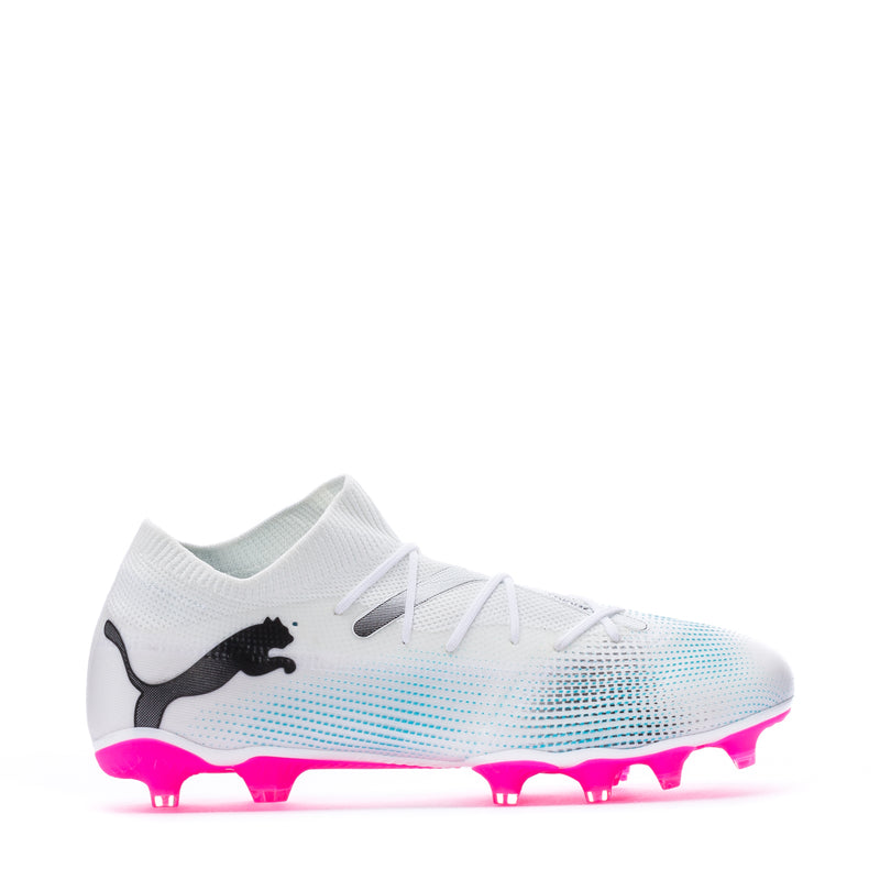 Men's white FG/AG football cleat with black Puma logo and pink outsole studs