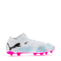 Men's white FG/AG football cleat with black Puma logo and pink outsole studs