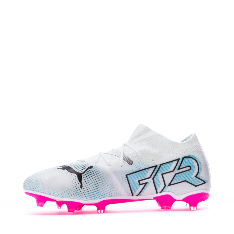 Men's white football cleat with blue TLR graphic, pink outsole studs, Puma logo