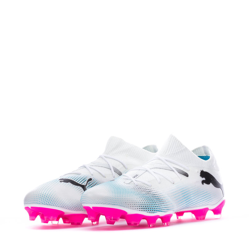 Men's white football cleat with blue accents, black Puma logo, pink FG/AG studs