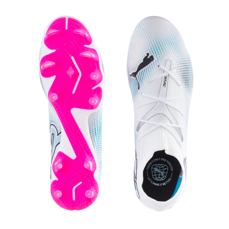 Men's white football cleat sole view with pink outsole studs and Puma logo