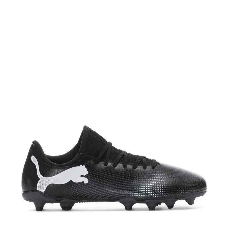 Youth black soccer cleat with white Puma logo and molded studs
