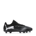 Youth black soccer cleat with white Puma logo and molded studs