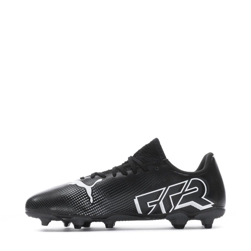 Youth black soccer cleat with FXR graphic, white accents, and molded studs