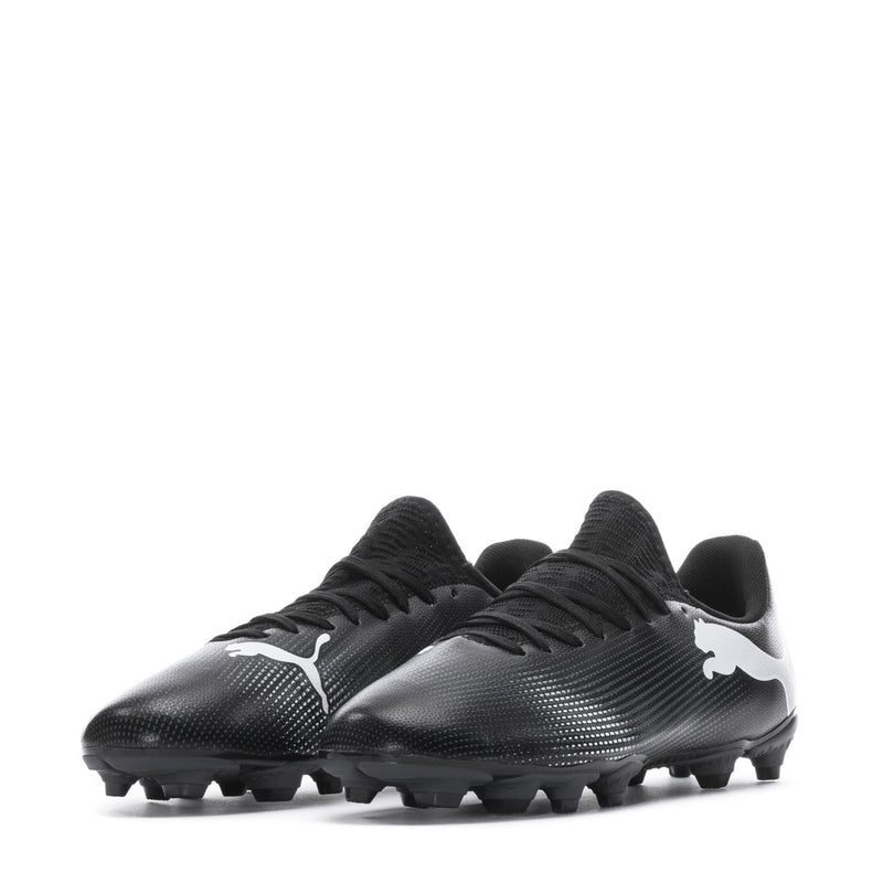 Youth black soccer cleat with white side Puma cat logo and molded studs
