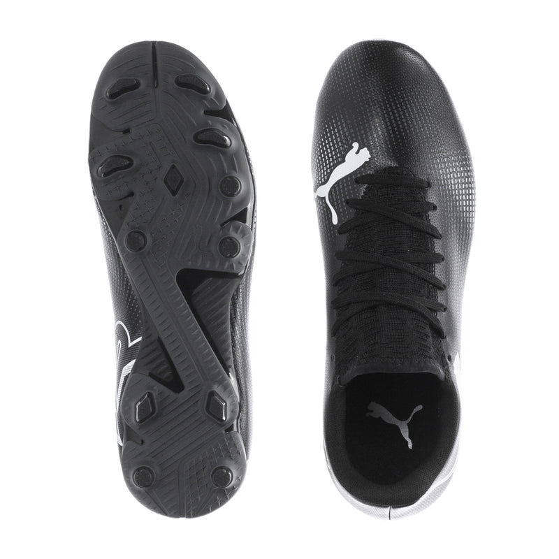 Pair of youth black soccer cleats: outsole and inside view with Puma logo