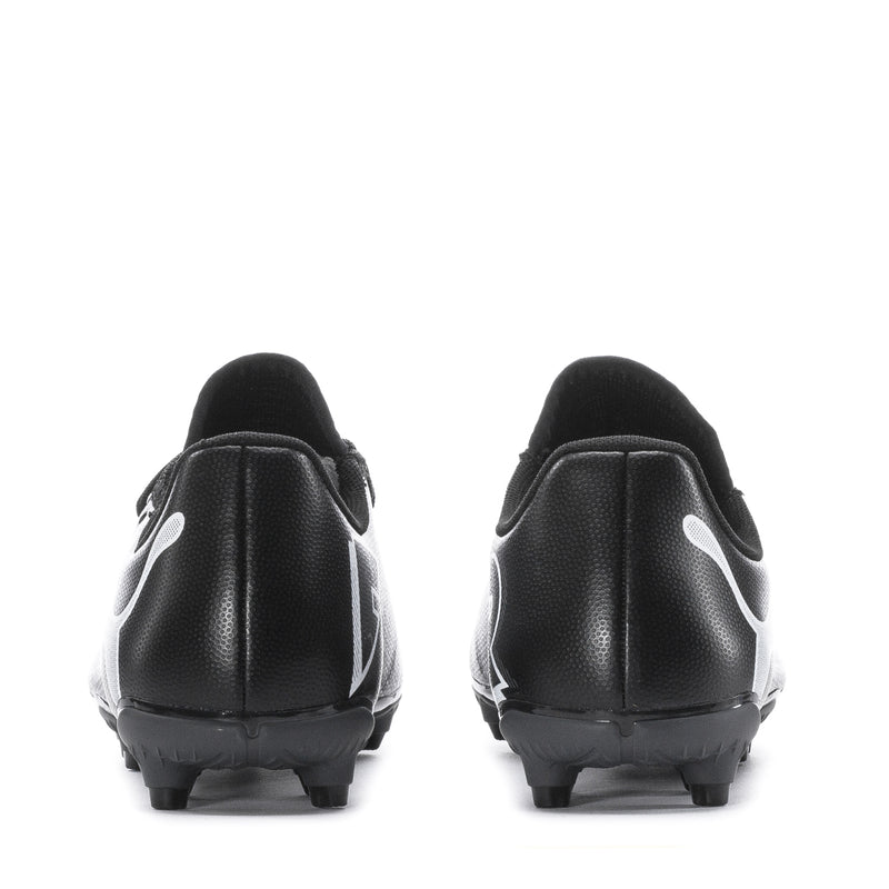 Youth black soccer cleat heel view with white Puma logo and molded studs