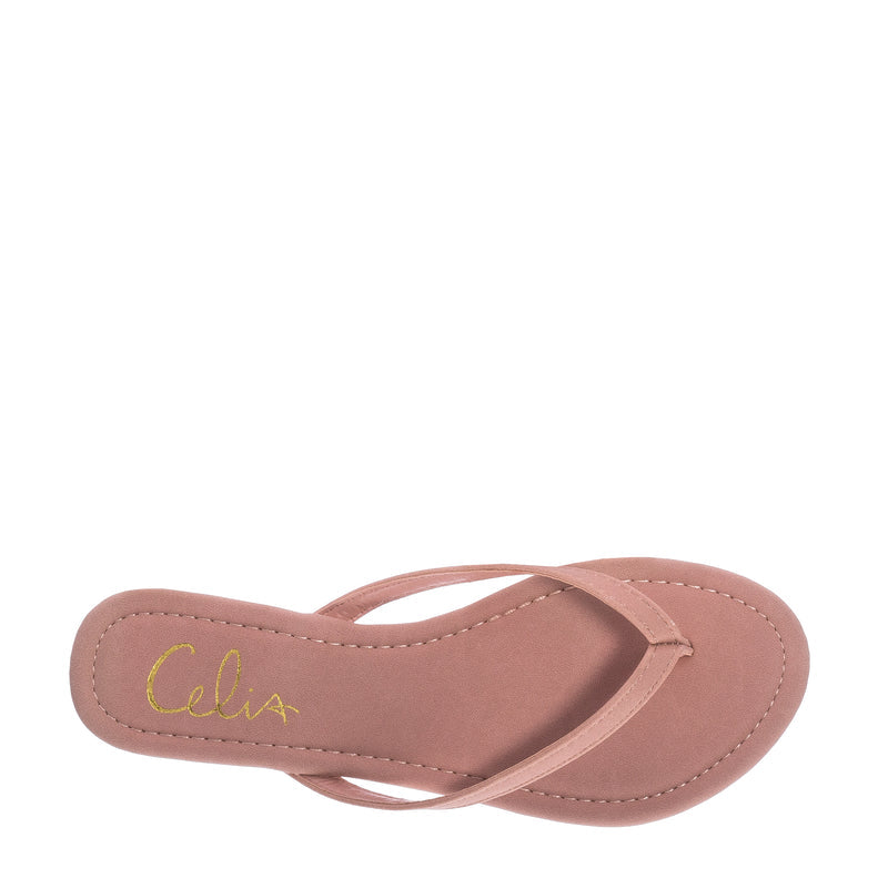 Blush nubuck thong flip-flops with Celia logo on footbed