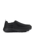 Black slip-on women's walking shoe with elastic collar and round toe.