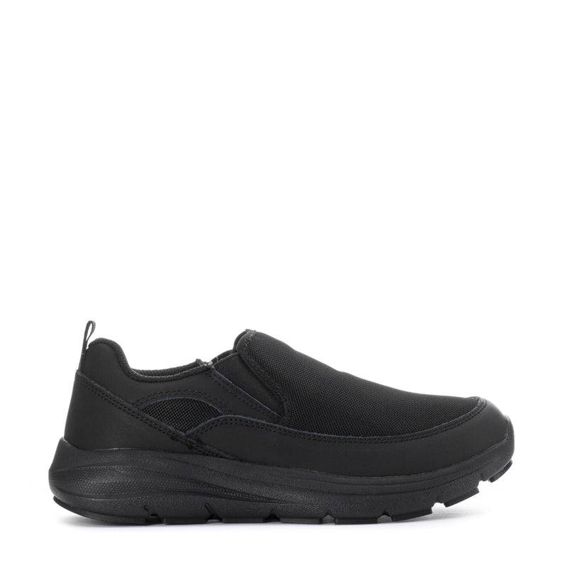 Black slip-on women's walking shoe with elastic collar and round toe.