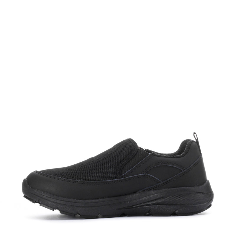 Black slip-on shoe, side view, padded collar and lace panel detail.