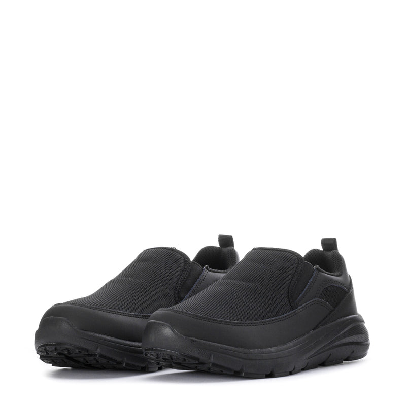 Pair of black slip-on shoes, front and side view, textured outsole.
