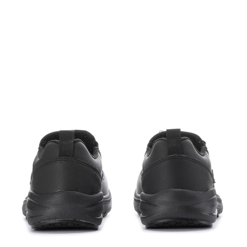 Black slip-on shoe heel view with padded back and outsole traction.