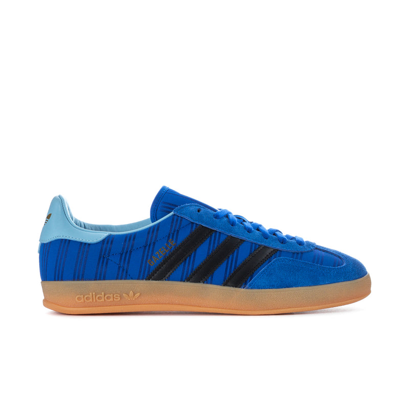 Men's blue indoor sneakers with black three-stripe design and gum rubber sole