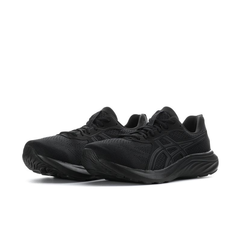 Black ASICS men’s extra wide running shoes, side view with textured upper