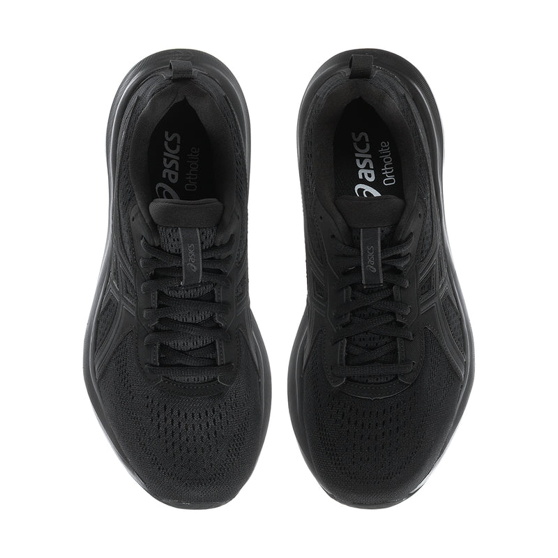 Pair of black ASICS men’s extra wide shoes, front view with lace-up and tongue