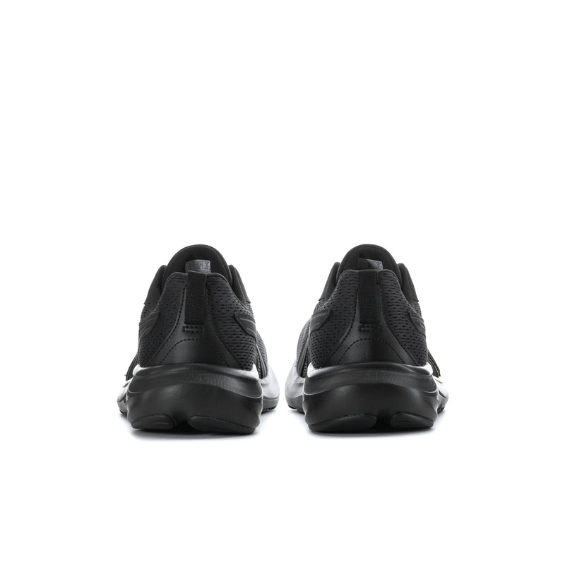 Black ASICS men’s extra wide running shoes, rear view with heel and pull tab