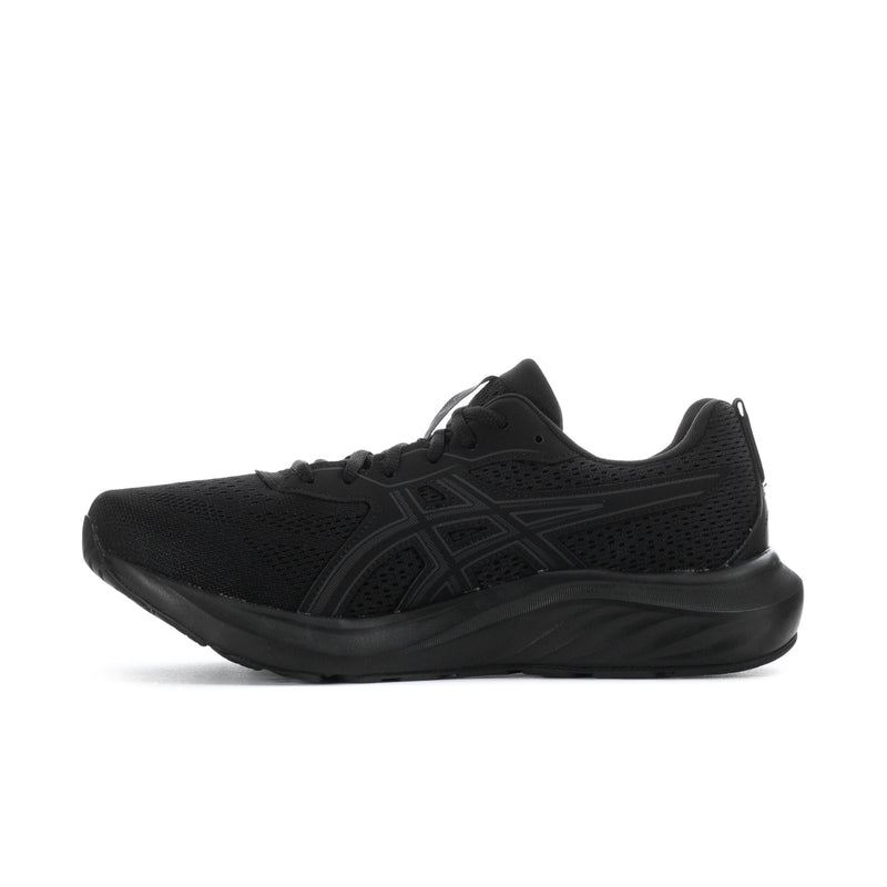 Black ASICS men’s extra wide running shoe, angled side view with breathable mesh