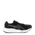Women's black mesh running shoes with white Asics stripes and white midsole