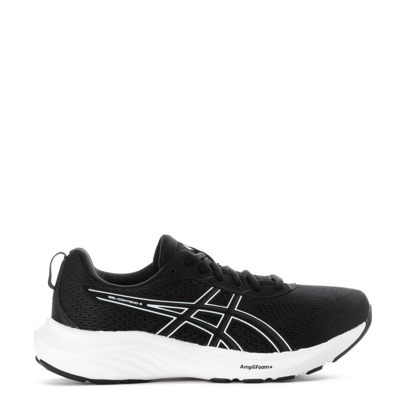 Women's black mesh running shoes with white Asics stripes and white midsole