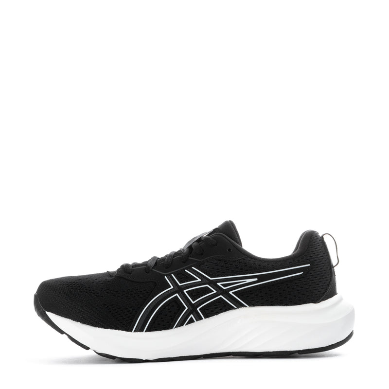 Women's black mesh running shoe with white side stripes and thick white sole