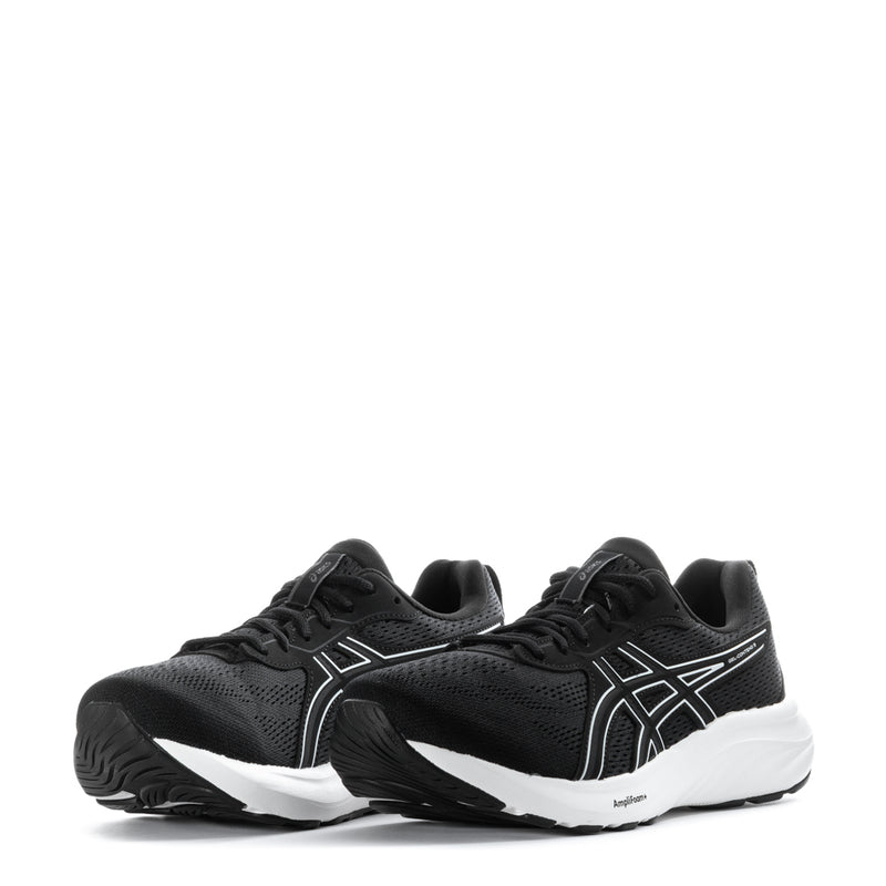 Pair of women's black lace-up running shoes with white midsole