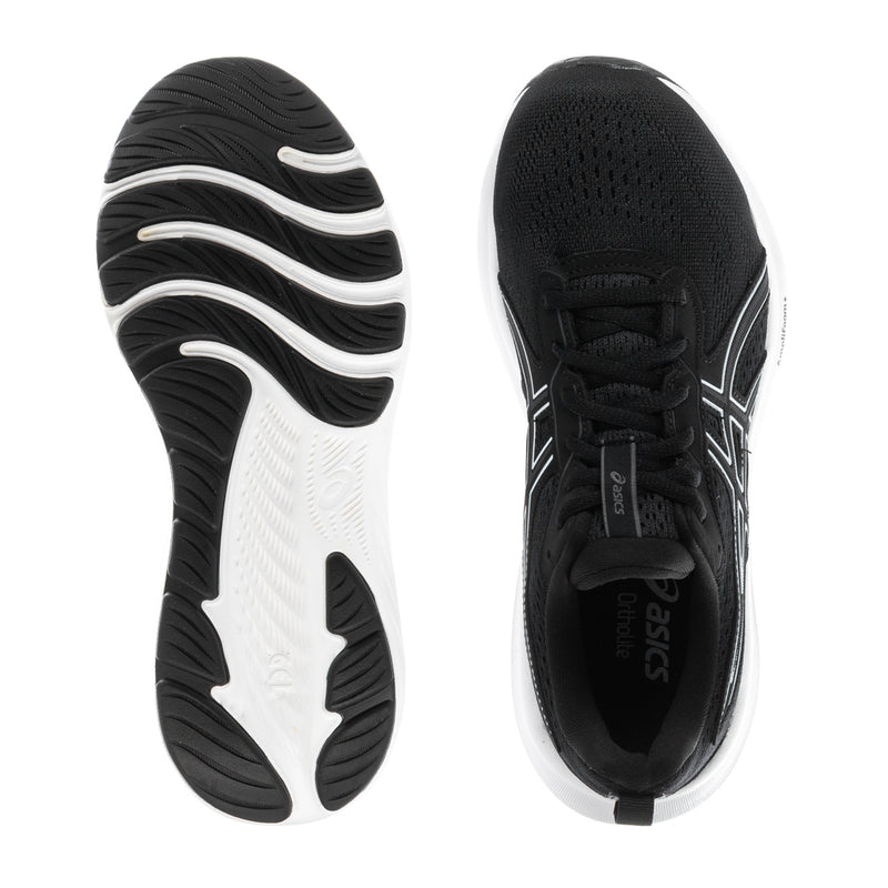 Women's black outsole tread and heel view of lace-up running shoe