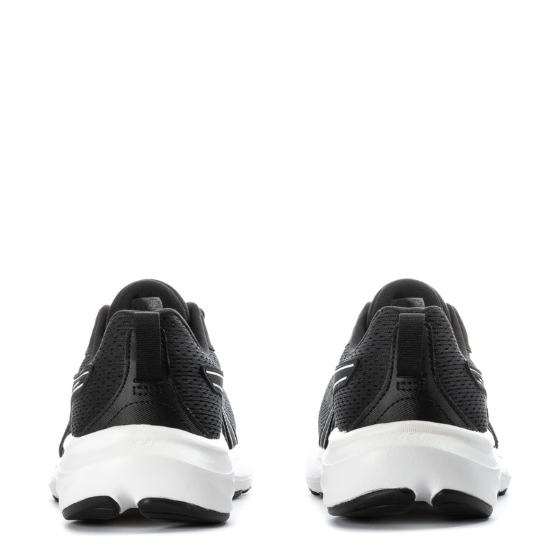 Back view of women's black mesh running shoes with white midsole and heel tabs