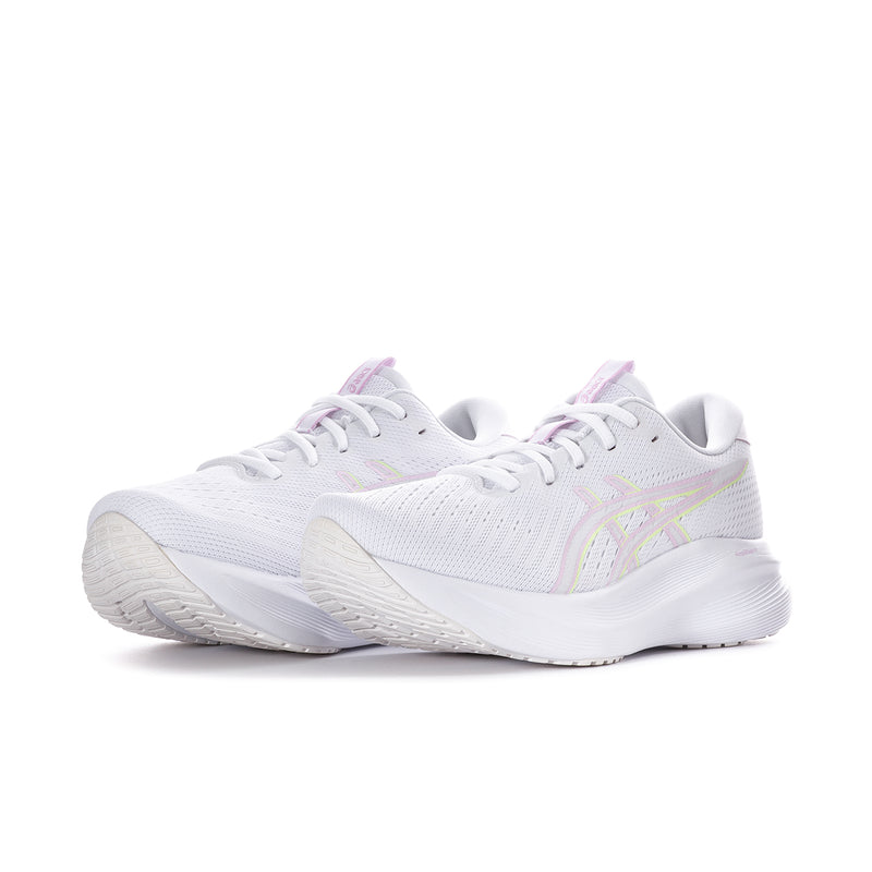 White women’s running sneakers with pastel lilac and rainbow side stripes