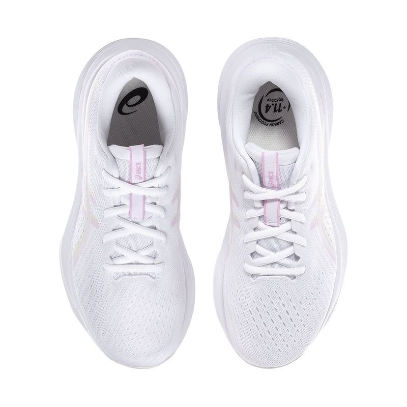 White women’s lace-up running shoes with padded collar and lilac detail