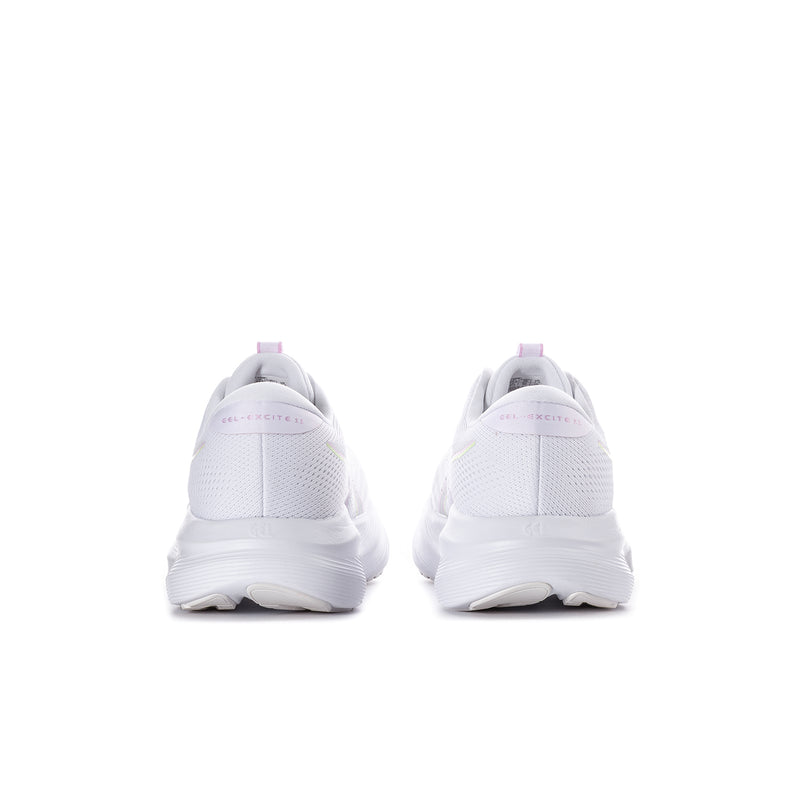 White women’s running shoes showing heel and rear profile with lilac accents