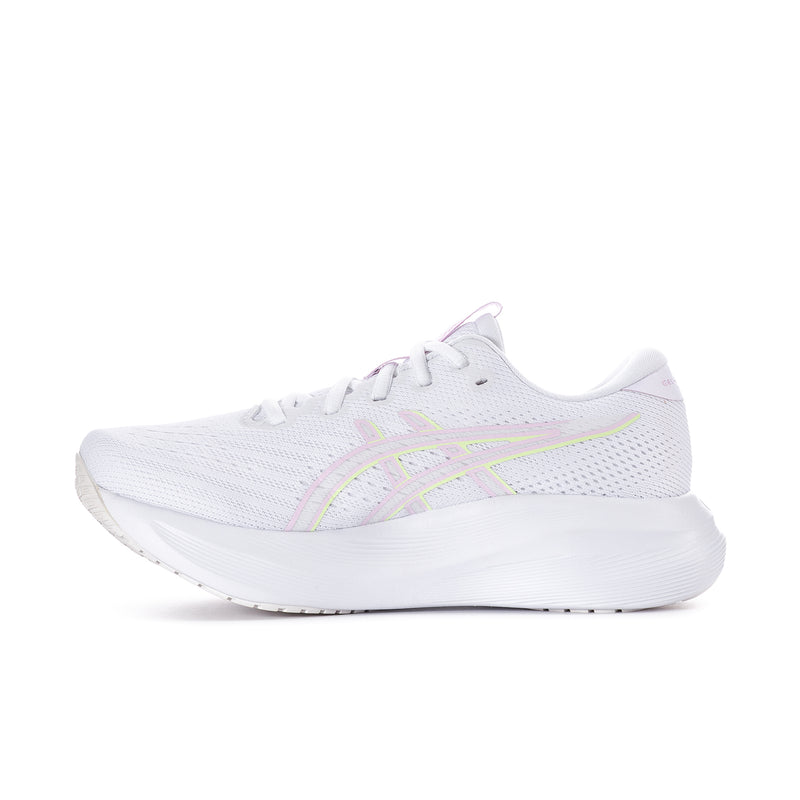White women’s running sneakers with pastel rainbow logo stripe and lilac trim